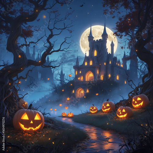 Enchanted Halloween Forest with Castle and Moon