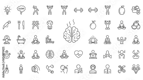 Wellness and Self-Care Line Icon Set – Vector Pictograms of Mental Clarity, Fitness, Nutrition, Relaxation, Meditation, Mental Health, Stress Relief, Body-Mind Connection, Thin Linear Illustration

