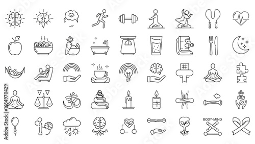 Wellness and Self-Care Line Icon Set – Vector Pictograms of Mental Clarity, Fitness, Nutrition, Relaxation, Meditation, Mental Health, Stress Relief, Body-Mind Connection, Thin Linear Illustration
