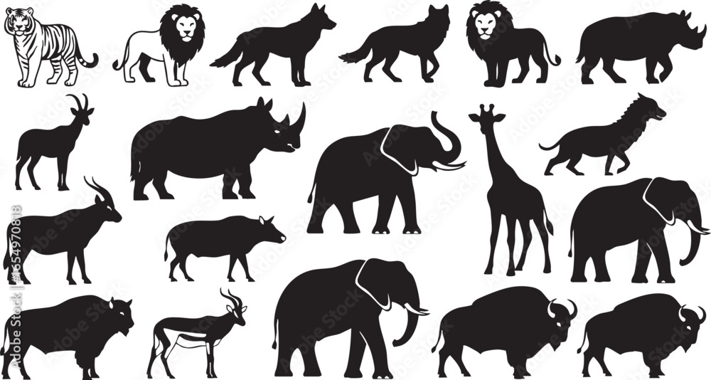 Naklejka premium African Wildlife Animal Silhouettes Collection tiger, tiger, lion, wolf, hyena, rhinoceros, antelope, giraffe, elephant, buffalo, wild animal, safari, savanna, nature, wildlife, silhouette, black and