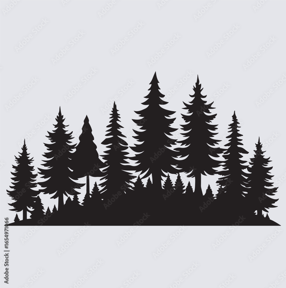Obraz premium a dense of pine forest with overlapping silhouette vector art illustration, winter forest background
