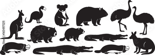 Australian animal silhouettes on white background kangaroo, kangaroo, wombat, koala, emu, crocodile, australian animal, animal, wildlife, silhouette, black and white, marsupial, bird, reptile, outback