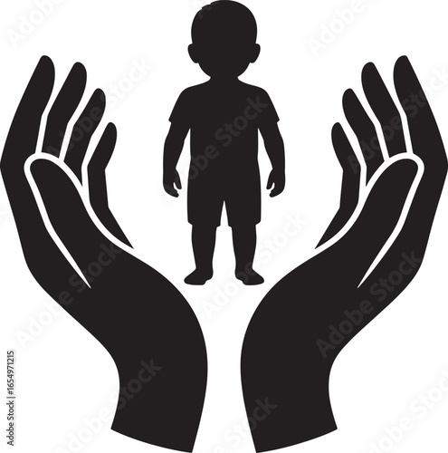Hands Protecting Child Silhouette Symbolizing Care, Support, and Child Welfare