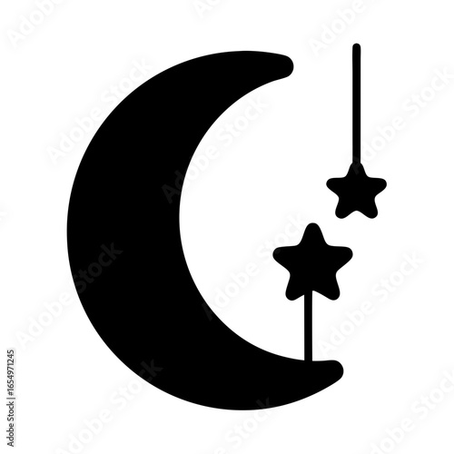 Simple black and white depiction of a crescent moon and stars mobile