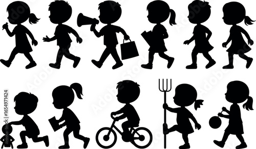 Diverse silhouettes of children engaged in various activities showcasing movement and playful engagement