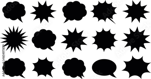 Collection of black speech bubbles and starburst shapes for comic strips and graphic design projects