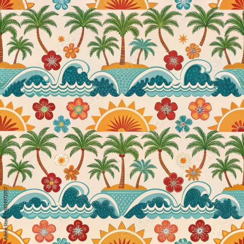 Seamless retro tropical pattern with palm trees, ocean waves, suns and hibiscus flowers in warm vintage colors.
