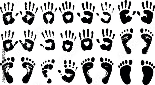 Collection of black and white imprints of human hands and feet showing different sizes and patterns
