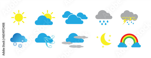 "Weather Icon Set with Sun, Clouds, Rain, Thunderstorm, Snow, Wind, Moon, and Rainbow in Flat Style"