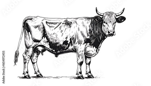 Detailed ink drawing of a cow.