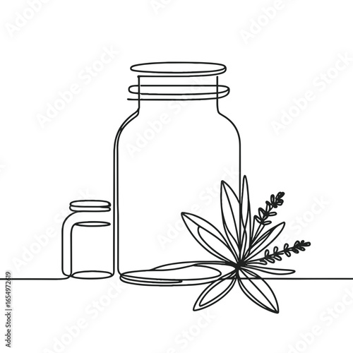 Outline of jars with herbal extracts and leaves on transparent background  