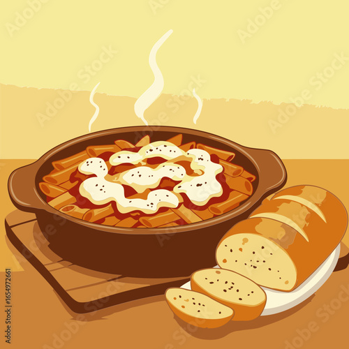 Baked pasta dish with garlic bread on a wooden surface. Aromatic and cheesy pasta dish with accompanying slices of crusty garlic bread.