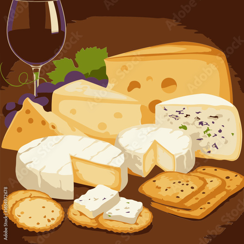 A variety of cheeses with grapes and crackers on a wooden surface. Display of different types of cheeses, including cheddar, brie, and blue cheese, along with grapes and crackers, on a wooden table.