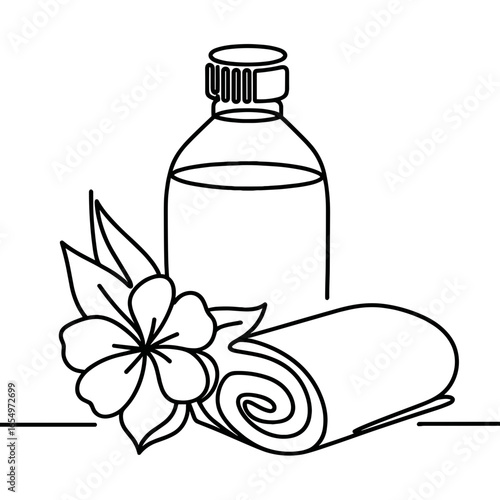 Bottle of massage oil with rolled towel and flower illustration  