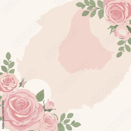 Pink roses with foliage in soft pastel background. Ornate floral design with soft, muted color palette for a wedding or invitation design.