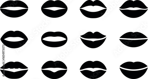 Collection of diverse black silhouette lips showing various open mouth shapes and expressions on a white background