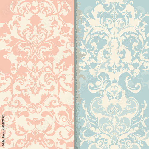 Elegant damask pattern in soft peach and light blue color variations. Ornate floral and scrollwork design with distressed, watercolor-like texture.