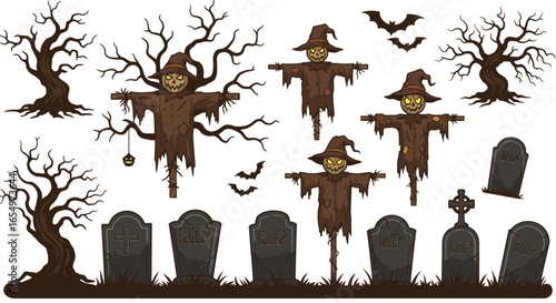 Spooky Halloween Scarecrows with Brown Straw Bodies and Pointed Hats Isolated.
