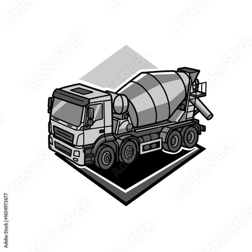 Detailed Black and White Illustration of a Concrete Mixer Truck on a Diamond Shape.