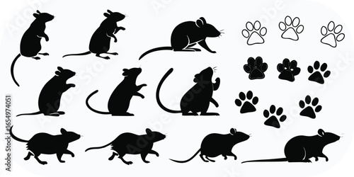 Collection of black mouse silhouettes and paw print icons on white mice rodent