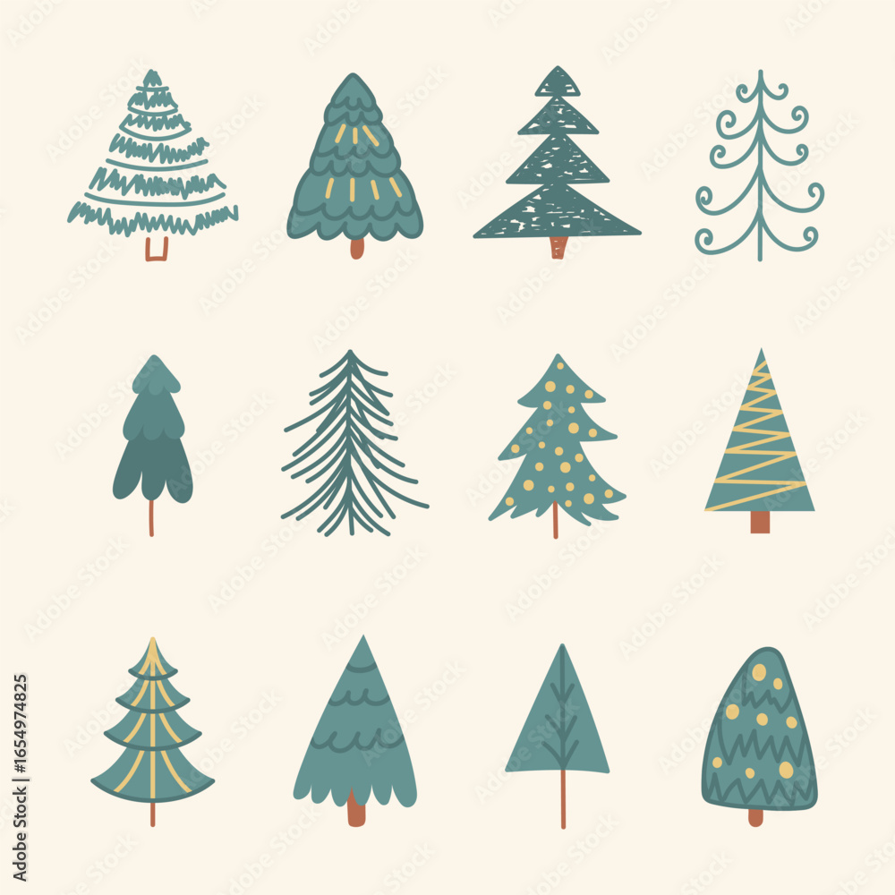 Obraz premium Hand drawn Christmas tree set. Festive design elements for cards and prints.