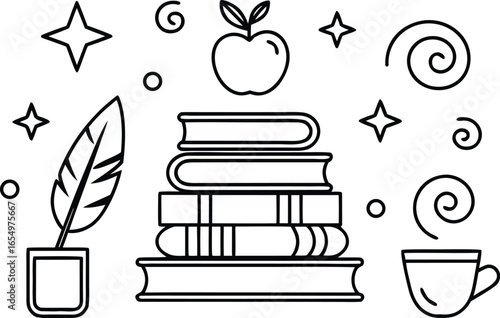 Illustration of a cozy study scene with books apple quill and coffee ideal for back to school designs