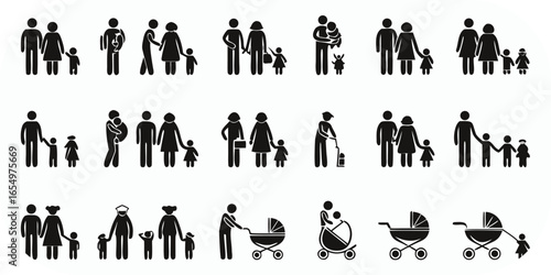 Family and parenting icons with parents, children, and baby strollers people