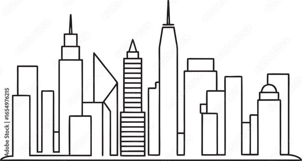 Obraz premium Modern Cityscape Skyline Silhouette Minimalist Urban Design Featuring Tall Buildings and Architectural Diversity Ideal for Backgrounds and Creative Projects