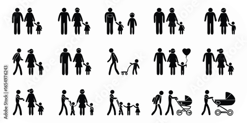 Family icons showing parents and children in various activities and with strollers people