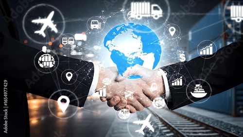 Global business partnership handshake with digital logistics network over planet Earth symbolizing international supply chain technology and worldwide trade