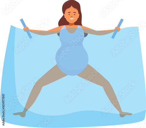 Pregnant woman exercising in a swimming pool, holding pool noodles and doing aqua fitness