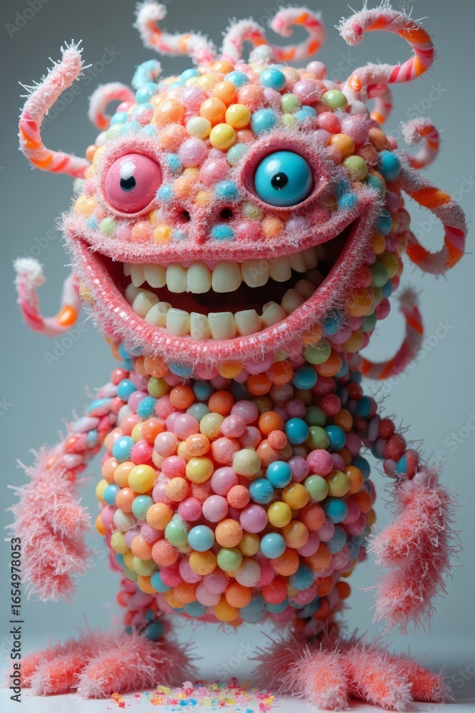 Fototapeta premium Colorful candy monster character with playful features and vibrant textures in a whimsical display