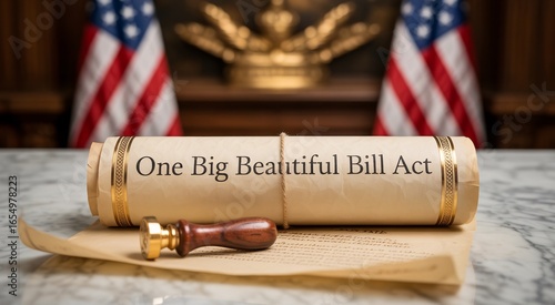 Historic US legislation scroll with seal and flags signifies government lawmaking and official decree