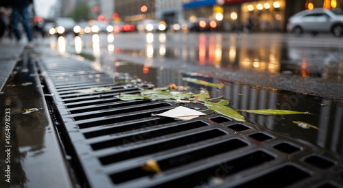Rainy city street reflections with traffic lights and wet gutter, capturing urban atmosphere