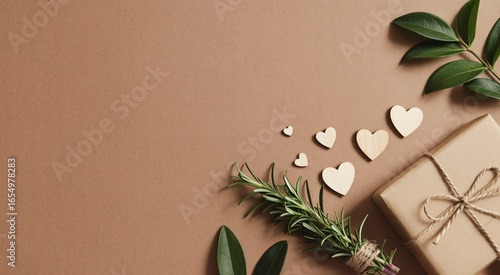 Thoughtful gifting presentation with natural elements and wooden hearts, perfect for celebrations.