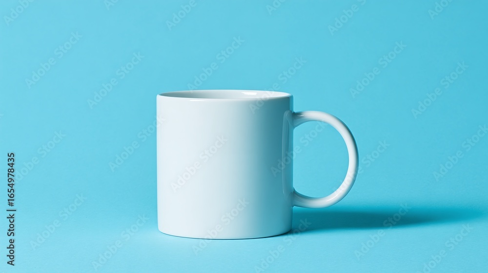 Obraz premium A clean, simple, white ceramic mug sits against a bright blue backdrop, presenting a minimalist aesthetic for beverage enjoyment.