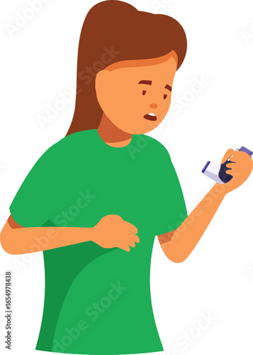 Worried girl having breathing problems, using an asthma inhaler for relief