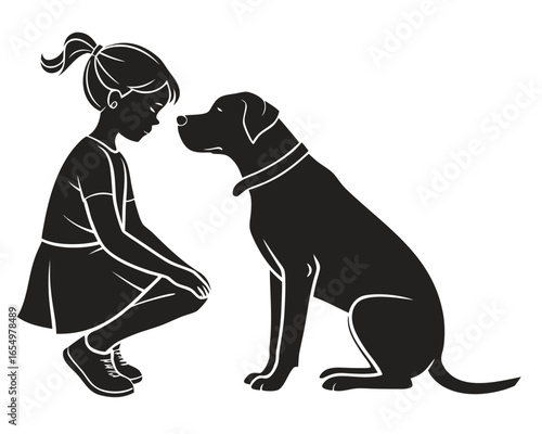 Silhouette of a young girl crouching down to pet a large dog animal canine