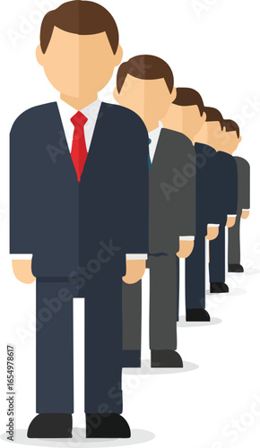 Business leader with a red tie standing at the front of a long queue of faceless corporate professionals. Vector illustration of a team waiting in line.