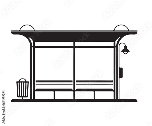 Icon of a bus stop shelter with bench and trash can, public space design, outdoor seating area, urban infrastructure, minimalist vector illustration of transportation facilities