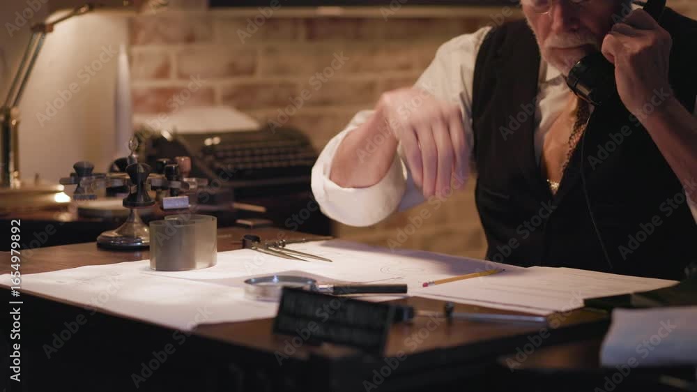 1940s man looking at film and takes a phone call 1940s man looking at film and takes a phone call