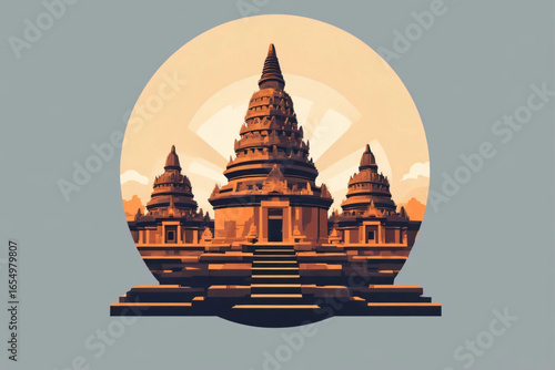 Flat Style Vector Illustration of Prambanan Temple Silhouette with Sunset Background