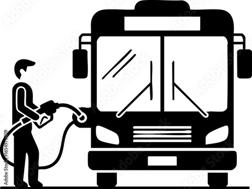 Icon of a person refueling a public transport bus. A simple pictogram showing a worker with a fuel nozzle filling up a commercial vehicle with gasoline or diesel.