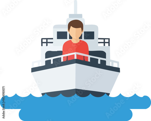 Illustration of a passenger on a ship's deck, a concept for vacation, cruise, and marine transportation.