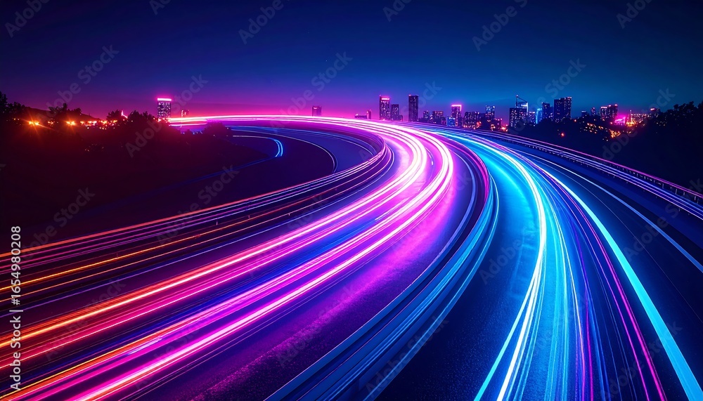 Obraz premium 3D Rendering of highway in city. High speed motion blur. Concept of leading in business, Hi tech products background, artificial intelligence, hyper loop, virtual reality, high speed network.