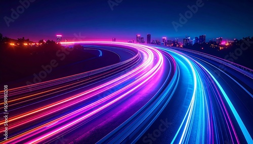 3D Rendering of highway in city. High speed motion blur. Concept of leading in business, Hi tech products background, artificial intelligence, hyper loop, virtual reality, high speed network.