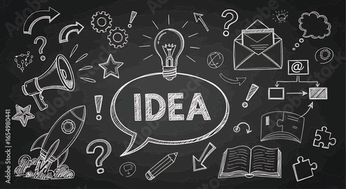 Hand-drawn chalkboard doodle mixing creative thoughts and whisking up a brilliant new business idea and strategy