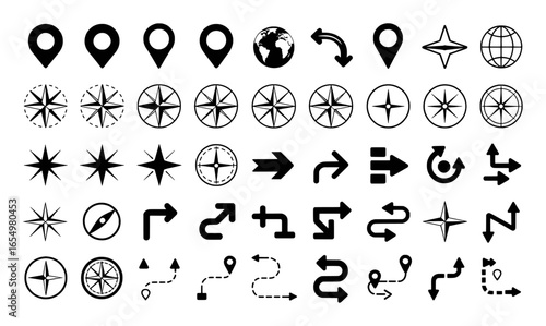 Diverse collection of navigation and direction symbols with map pins compasses and arrows location marker