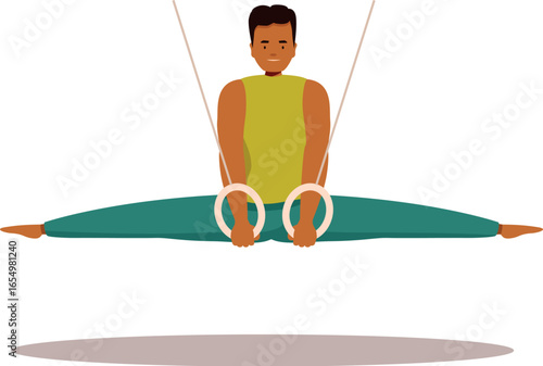Male gymnast displays strength and skill while executing an iron cross on the still rings, showcasing the demanding nature of the sport