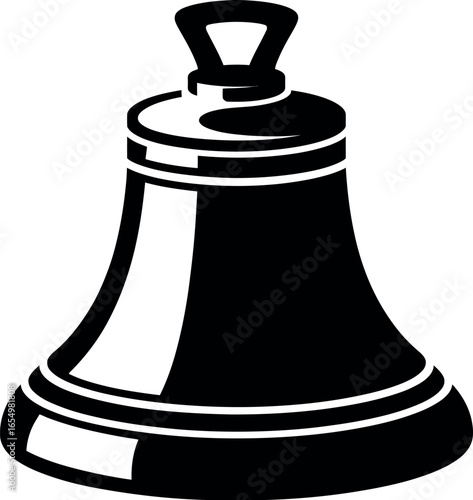 Illustration of a black and white bell with a handle on top and bands around the top and bottom edge